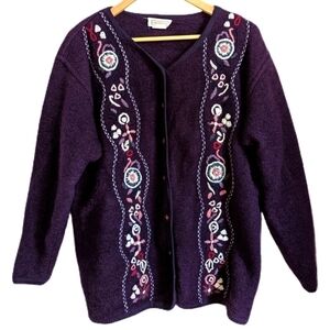 𝅺VINTAGE Purple Wool Floral Embroidery Cottagecore Knit Cardigan Size Medium